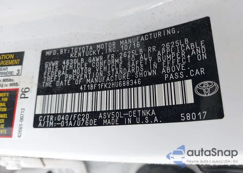 2017 Toyota Camry Le from USA, damaged, VIN 4T1BF1FK2HU688346